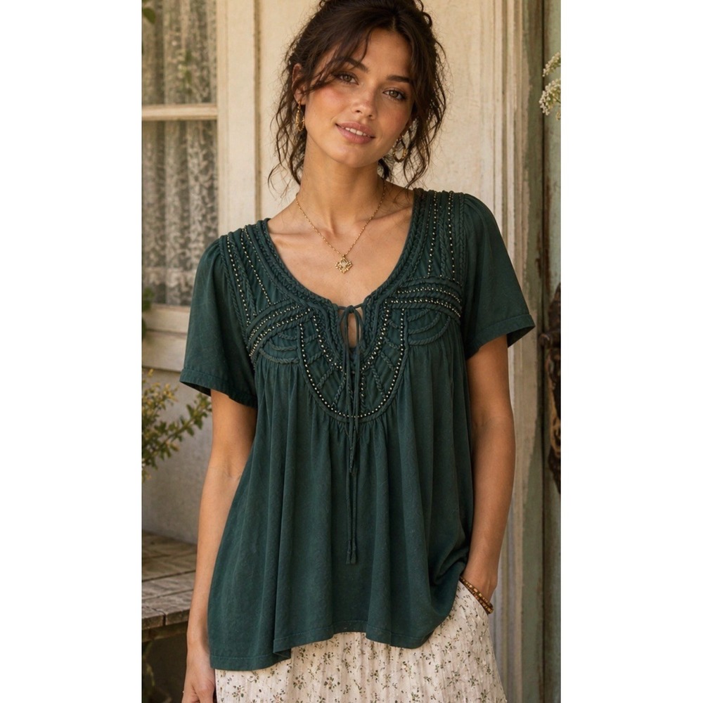 Y2K Verve Womens Asymmetrical Beaded Boho Top Size L Forest Fairy Cottage Whimsy